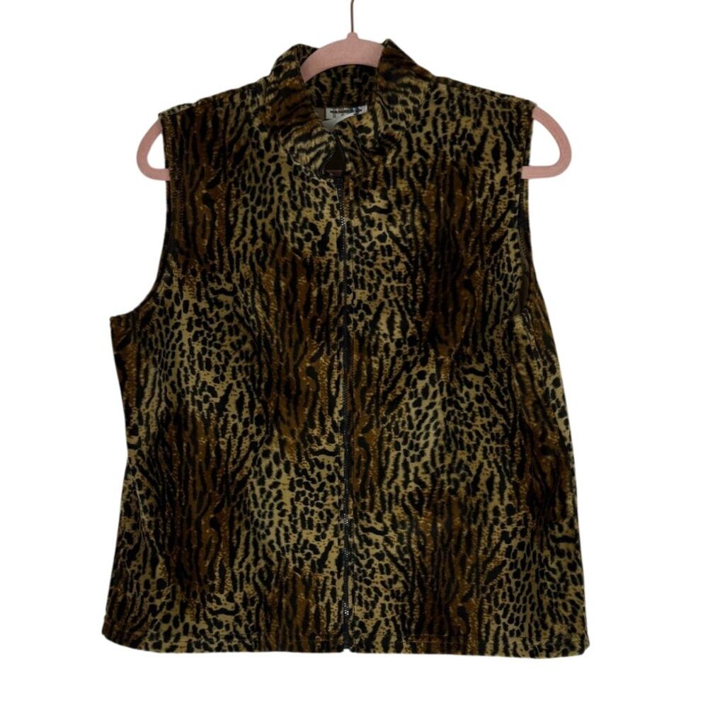 Paul Harris Design Brown‎ Black Leopard Faux Short Fur Chic Zip Up Vest Size L